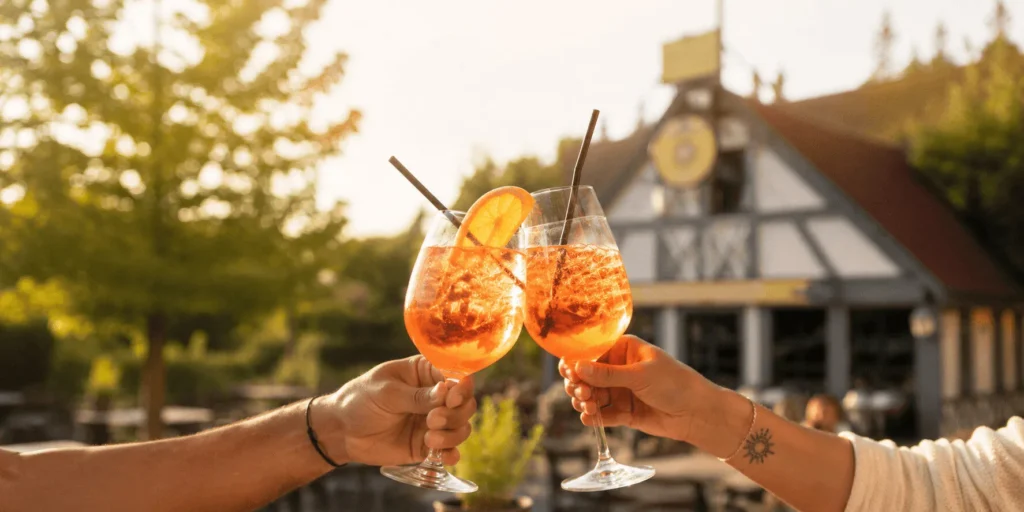 Im Vordergrund sieht man zwei Hände die mit Aperol Spritz in Gläsern anstoßen, während im Hintergrund das kleine Brauhaus zu sehen ist